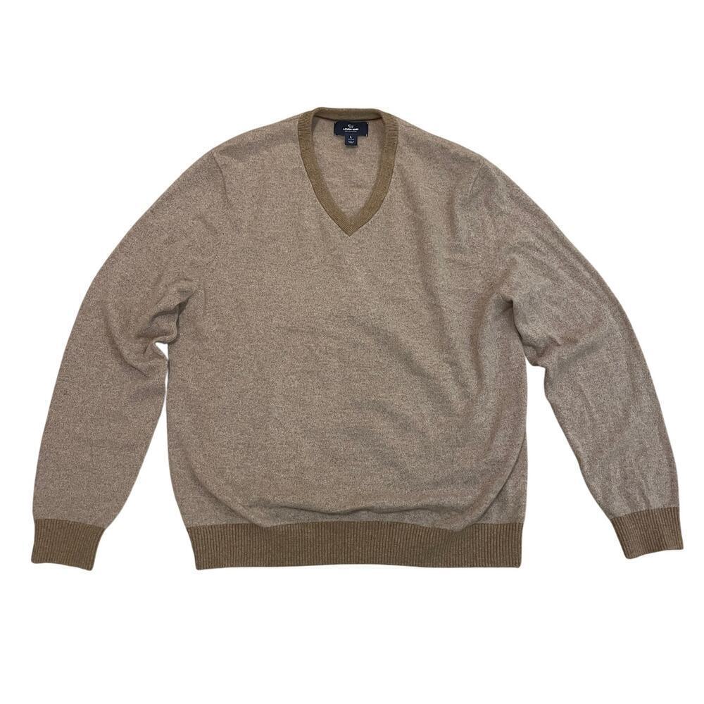 Lands’ End Men’s L 100% Cashmere V-Neck Sweater | Beige Tan, Luxury Gift $200